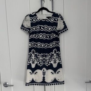 J. Crew Elegant Navy and Cream Patterned Dress